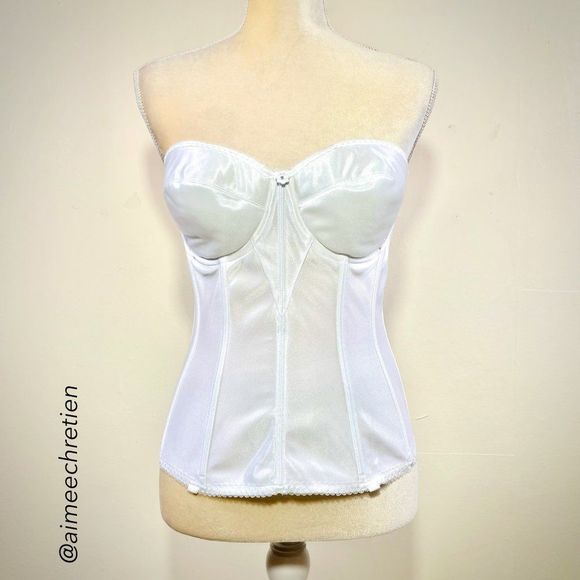 Dominique White Satin & Stretch Mesh Boned Strapless Low Back Bustier Size 34D - Picture 1 of 8